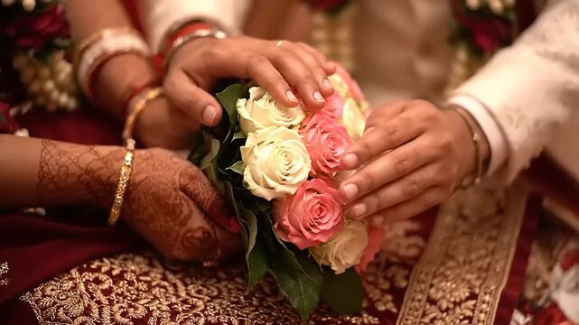 Close-up of a bride and groom holding a bouquet of roses during a traditional Indian wedding ceremony.