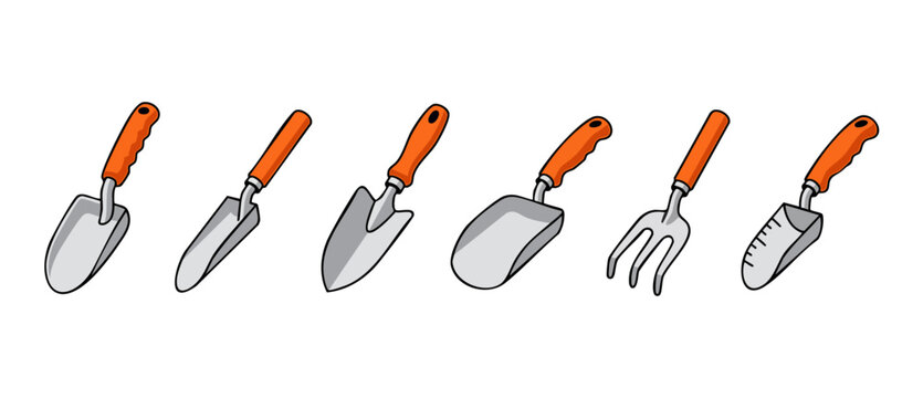 Garden hand tools set with orange handles, collection of metal shovels and trowels for planting and gardening tasks, isolated graphic elements on white background for horticulture and landscaping desi