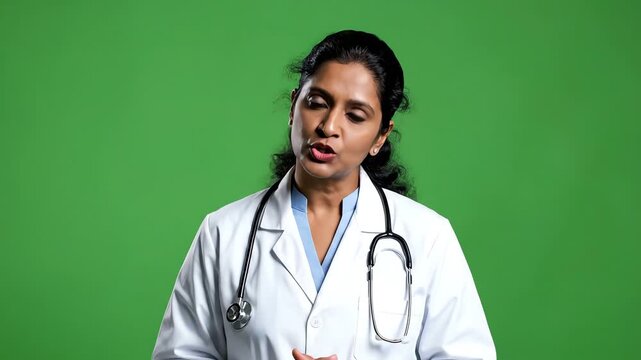 Confident female doctor in white coat with stethoscope waving hand on green screen
