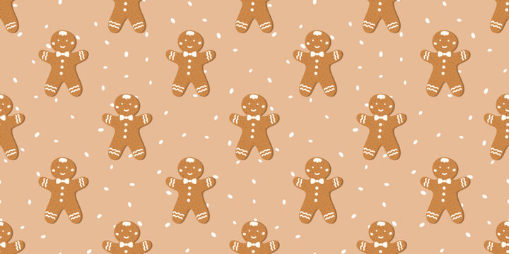 Christmas background vector bg with hohoho cover texture and snowman. Snowflake pink new year elements seamless pattern design. Cookie and gingerbread biscuit motifs with repeat print.
