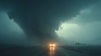 Obraz premium A vehicle driving towards a large, ominous tornado in a desolate landscape