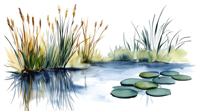  watercolor illustration , pond or lake edge