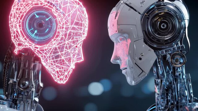 Two futuristic humanoid robots connecting in a digital space showcasing advanced artificial intelligence and robotics integrating into daily life and technology development