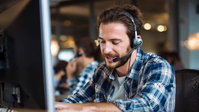 Friendly call center agent assisting customers with inquiries while working in a busy office environment during daytime hours