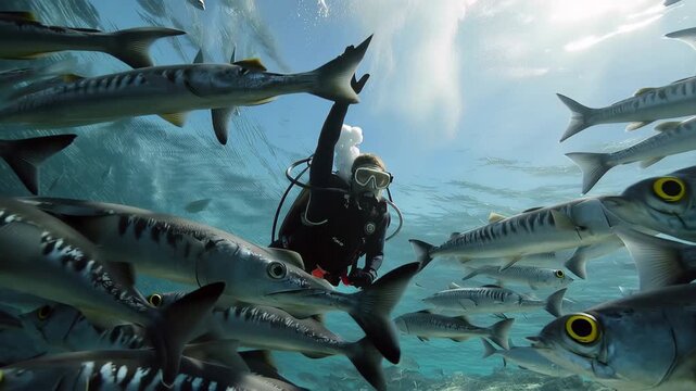 Exploring under the sea among school of barracuda fish with scuba divers in a vibrant underwater habitat