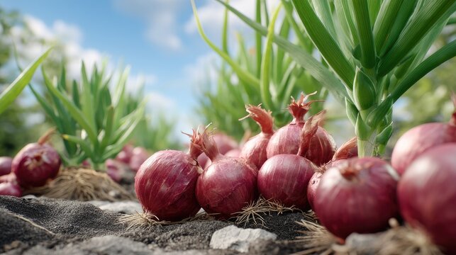 Vibrant field of maturing red onions and young green onion plants under a bright blue sky showcasing outdoor farming practices