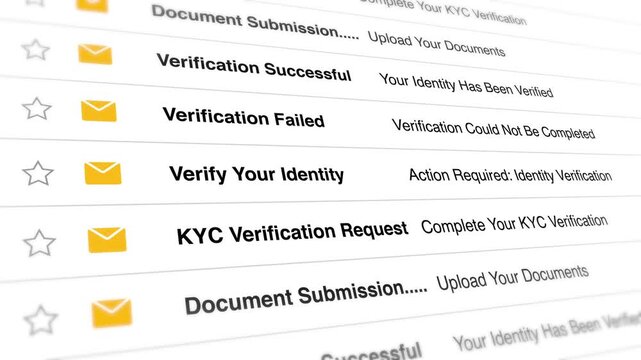 Electronic kyc identity verification email notifications scrolling on digital screen displayed in this motion graphic animation clip for corporate online security updates
