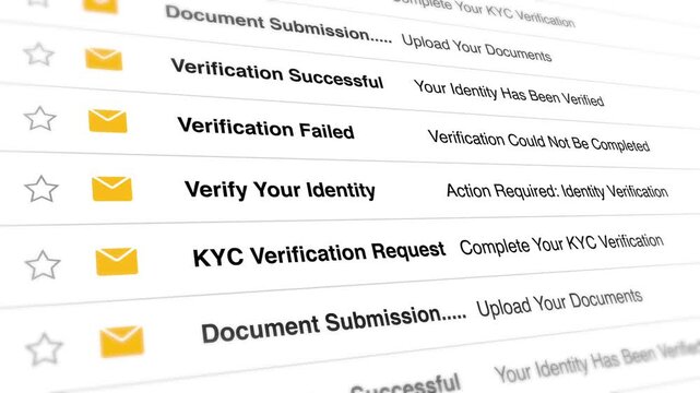 Digital identity verification email notifications scrolling rapidly through an interactive inbox interface to show ongoing security updates in this smooth animation video