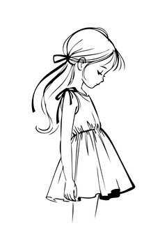 Logotipo de boutique de moda infantil. Dibujo minimalista con l&iacute;neas de una ni&ntilde;a con vestido sin mangas adornado con lazos, de perfil con la cabeza agachada 