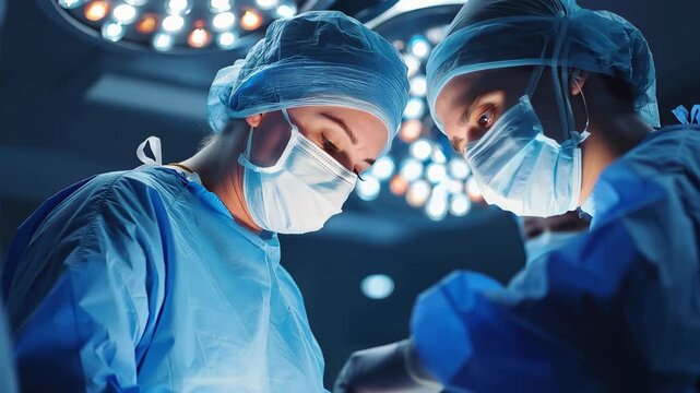 Medical team conducts surgical operation with precision in modern operating room at hospital, focusing on teamwork and skill in a critical procedure