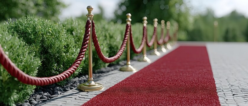 Vibrant red carpet with gold stanchions and red ropes arranged along dark stone walkway next to green shrubs under bright horizon light