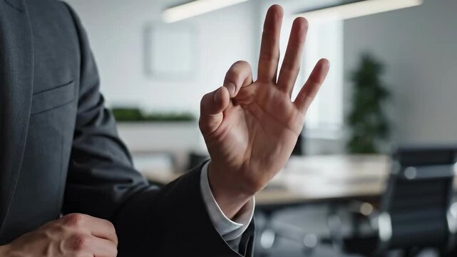 Businessman gesturing while speaking in modern office environment