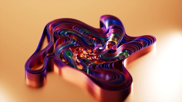 Colorful, iridescent, and metallic ribbons forming a complex, organic, and wavy structure that slowly rotates and morphs on a warm, reflective surface in a seamless loop animation