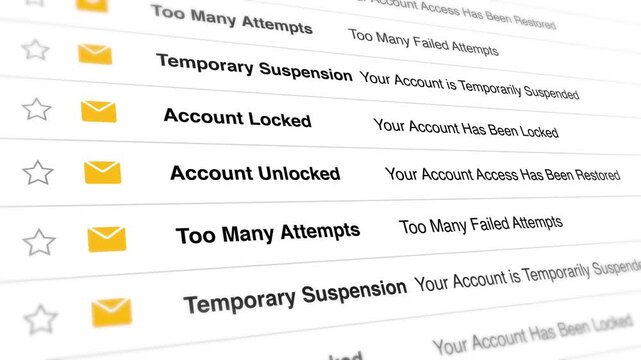 Email notification alerts displaying account status updates like locked and unlocked access appear in this scrolling digital interface motion video clip animation