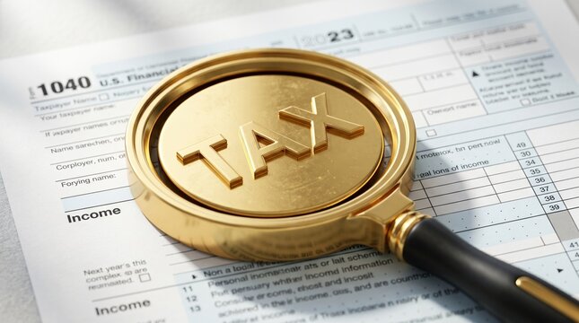Golden Magnifying Glass with TAX Text Resting on IRS Form 1040 Representing Financial Audit and Income Tax Review