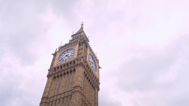 Famous big ben clock tower in london, united kingdom, showing the time against a cloudy sky. A well-known landmark and historical symbol of british architecture