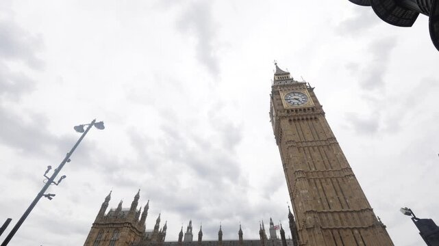 Low angle perspective of big ben clock tower and houses of parliament in london, a famous architectural landmark of great britain against a cloudy sky during the day