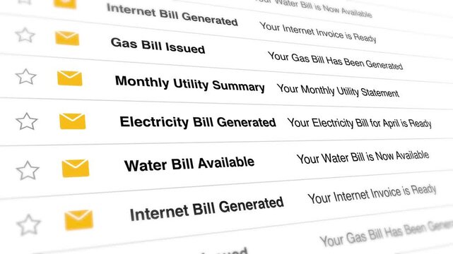 Utility billing notifications scrolling in a digital inbox interface animation showing automated payment reminders for multiple household services in this motion video