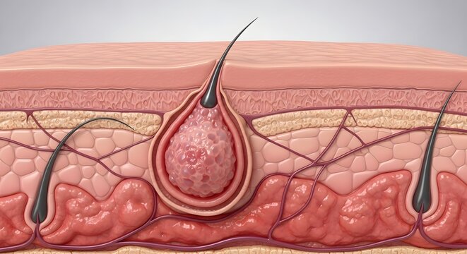 Sebaceous Cyst Under Skin Cross Section &ndash; Inflamed Hair Follicle, Dermatology and Skin Condition Concept