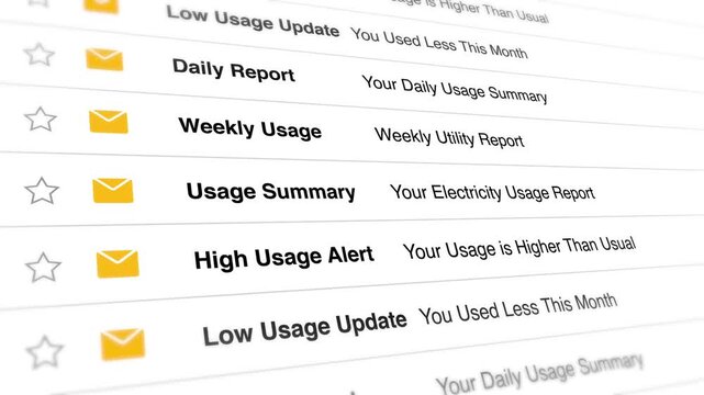 Digital inbox interface displays electricity utility notifications in this smooth motion animation showing automated system alerts for a modern professional video clip