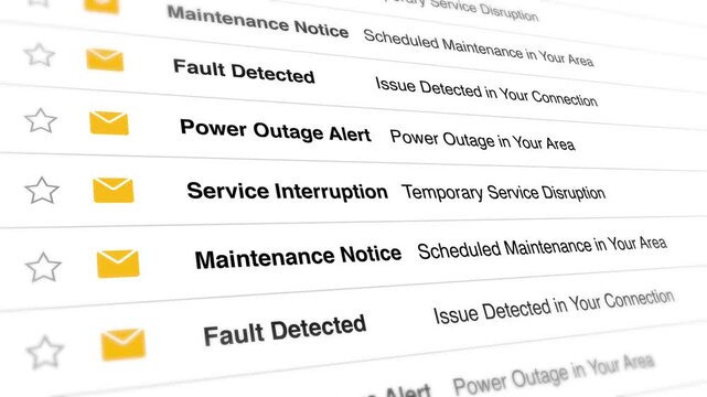 Digital email interface scrolling through critical service notifications and maintenance alert messages in this smooth motion video clip for online communication platforms