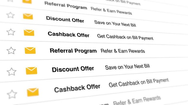 Inbox list displaying various promotional email marketing offers with golden envelope icons in this smooth scrolling digital motion animation video loop sequence