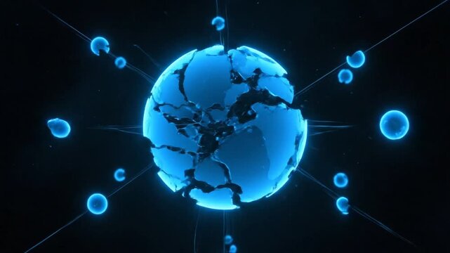 Glowing blue globe surrounded by floating orbs in dark space
