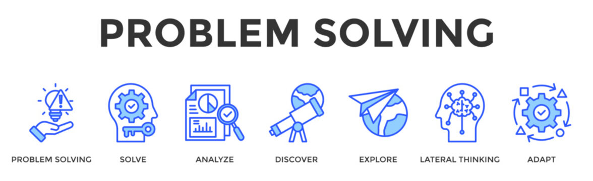 Problem Solving  Banner Web  Icon Set Collection Pack Vector Illustration Concept Containing Problem Solving, Solve, Analyze, Discover, Explore, Lateral Thinking, Adapt