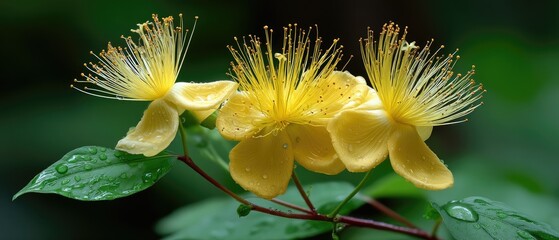 Fototapeta premium Detailed view of yellow flowers with many stamens and green leaves in natural light showcasing rich textures and colors during a sunny day
