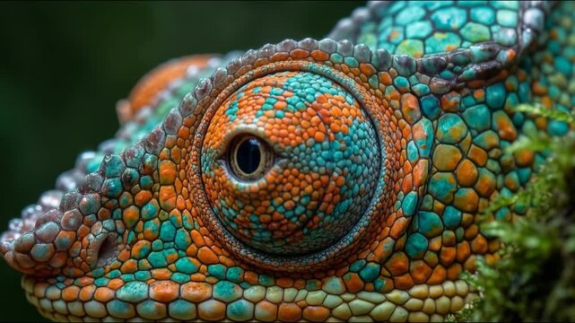 The nature's observer: an extreme macro of a chameleon's rotating eye and colorful textured skin as it scans the surrounding jungle environment.