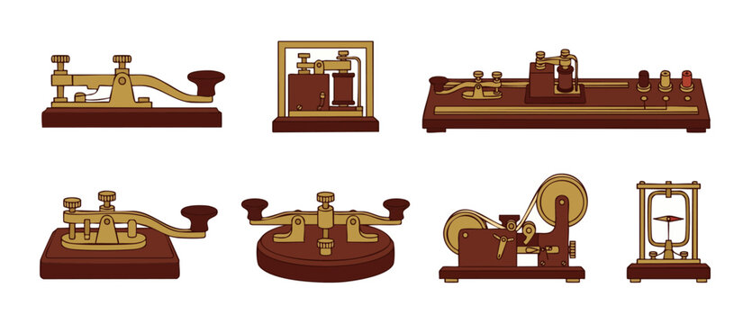 Telegraph Key Antique Communication Equipment Set, Vintage Morse Code Devices and Electrical Measurement Instruments, Retro Scientific Technology Tools for Historical Communication and Engineering Res