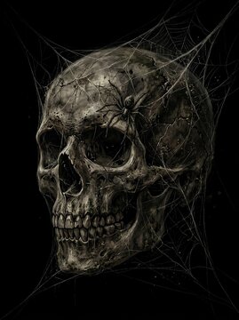 Creepy human skull covered in cobwebs and a spider in dark background.