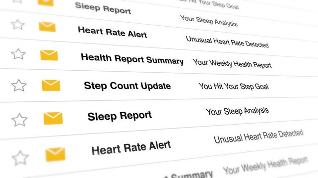 Health notification alerts scroll continuously across a digital inbox interface in this high resolution motion video clip for modern mobile technology designs