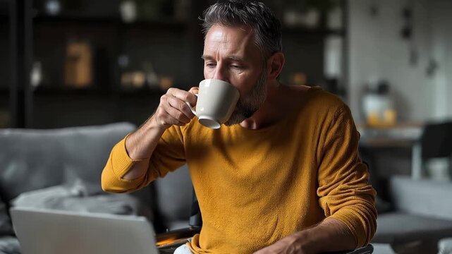Disabled man in cozy living room engaged in work while enjoying a warm beverage and utilizing a laptop