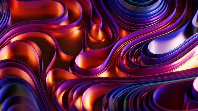 Colorful, iridescent, and metallic ribbons flowing smoothly, creating an elegant and mesmerizing abstract visual with warm highlights and cool shadows for a captivating and dynamic background