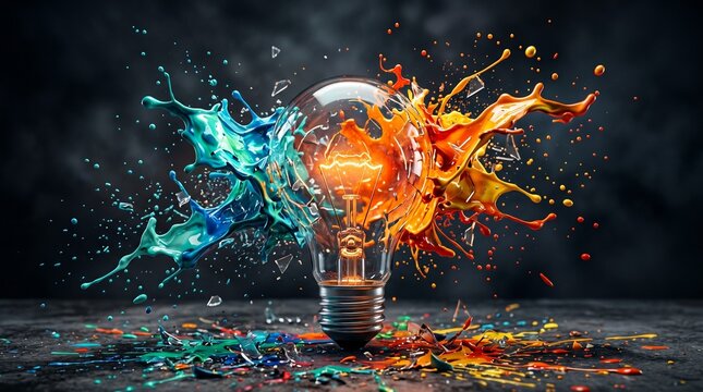 Exploding Light Bulb with Vibrant Blue and Orange Paint Splashes Representing Creative Inspiration and Innovation