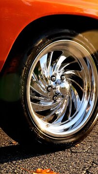 Close-up of classic car wheel in autumn setting. Vibrant orange paint shines under sunlight. Beautiful fall leaves create warm atmosphere. Vertical shot highlights details.