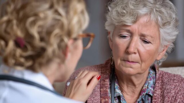 Senior woman receives medical advice during a consultation at a healthcare facility while showing concern and attentiveness to the doctor's guidance and treatment recommendations
