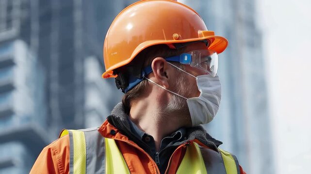 Safety measures in construction work highlighted by a worker in protective gear during a sunny day at a building site in an urban area
