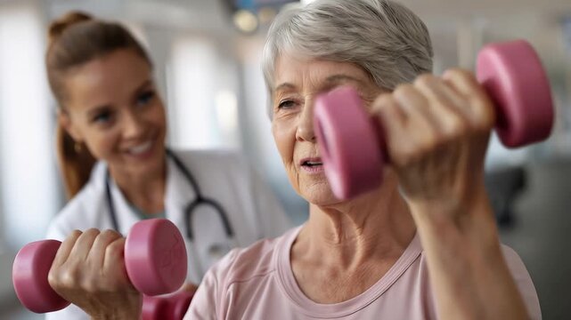 Senior woman engages in exercise with the assistance of a lady doctor in a fitness facility focused on health and wellness at daytime