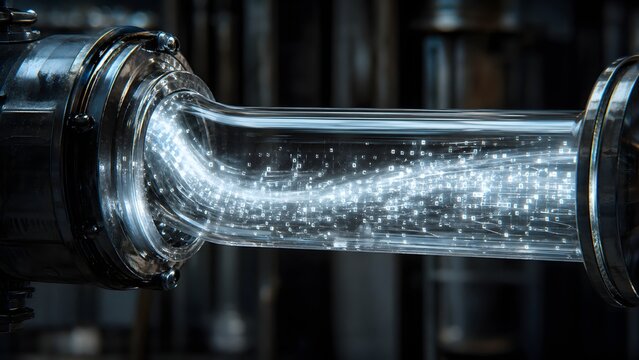 Water flows through a transparent tube connected to a black pipe in an industrial setting.