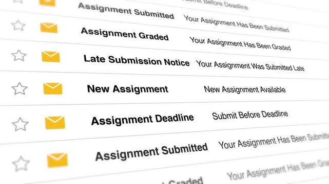 Assignment notification alerts scroll dynamically on a digital interface showing educational task updates within a continuous motion motion graphic animation video clip