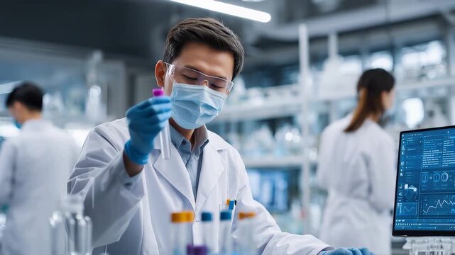 Young male scientist conducts research holding a test tube in a modern laboratory while wearing protective gear and focusing on his work