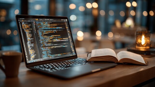 Opened notebook with code snippets for UI enhancement next to computer, programming and software development concept, digital interface design, creative tech workspace with modern tools