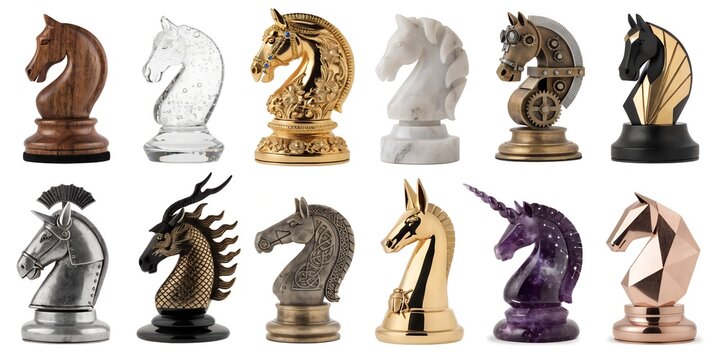 Wood Crystal Gold Marble Unicorn Egyptian Steampunk Chess Knight Piece Collection Grid Twelve Various Design And Material Isolated On White Background Hobbies Leisure Product Photography