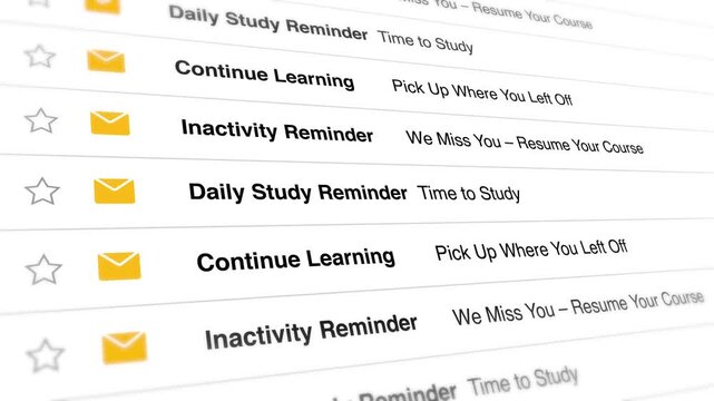 Digital email interface displaying repetitive study reminder notifications as animated scrolling motion footage in a professional online education and learning platform environment