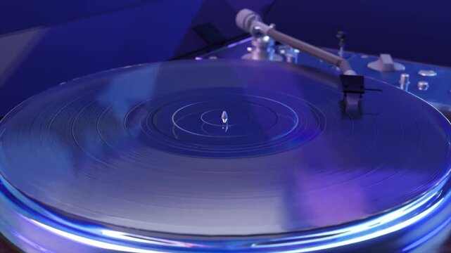 Modern turntable playing a shiny vinyl record with the stylus moving across the grooves. The player is illuminated by a cool, blue light, highlighting the reflective surface of the rotating disc