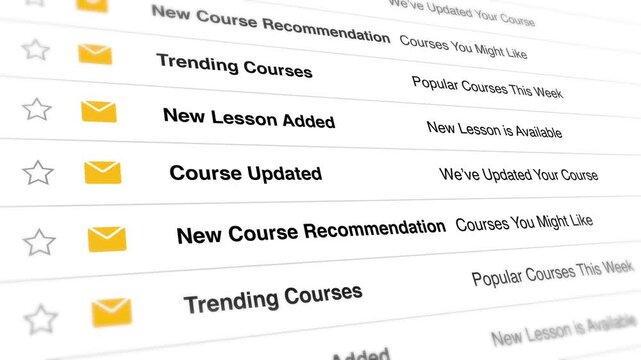 Electronic mail notification list displaying interactive course updates and dynamic module announcements in a fluid motion animated digital interface video clip