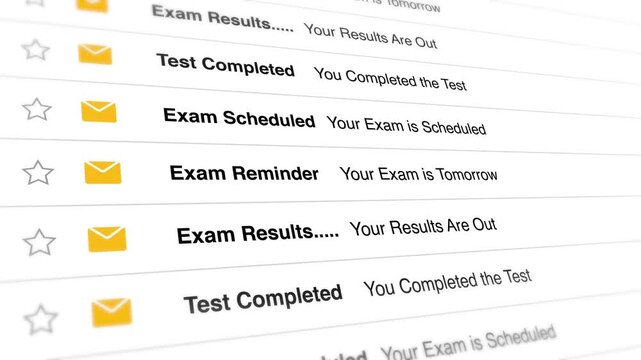Inbox messages showing automated educational alerts and exam schedule updates move in a continuous scrolling loop within this digital motion animation clip
