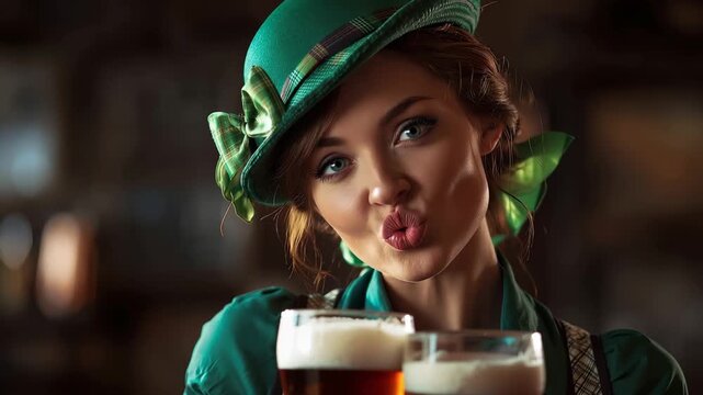 At a lively Irish pub, a beautiful waitress with glasses playfully blows air while holding two glasses of beer, embracing the festive spirit of the occasion